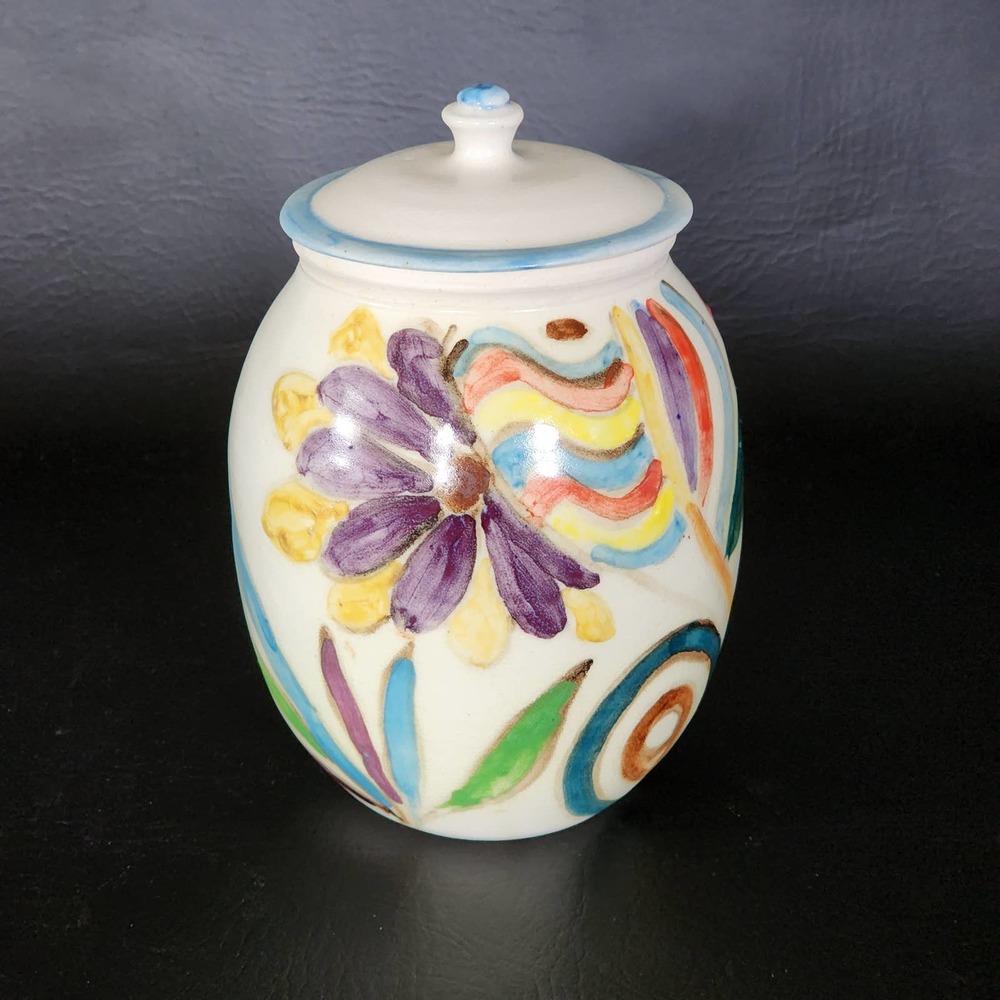 Studio Art Pottery Hand Painted Abstract Floral Design Urn Canister Ginger Jar